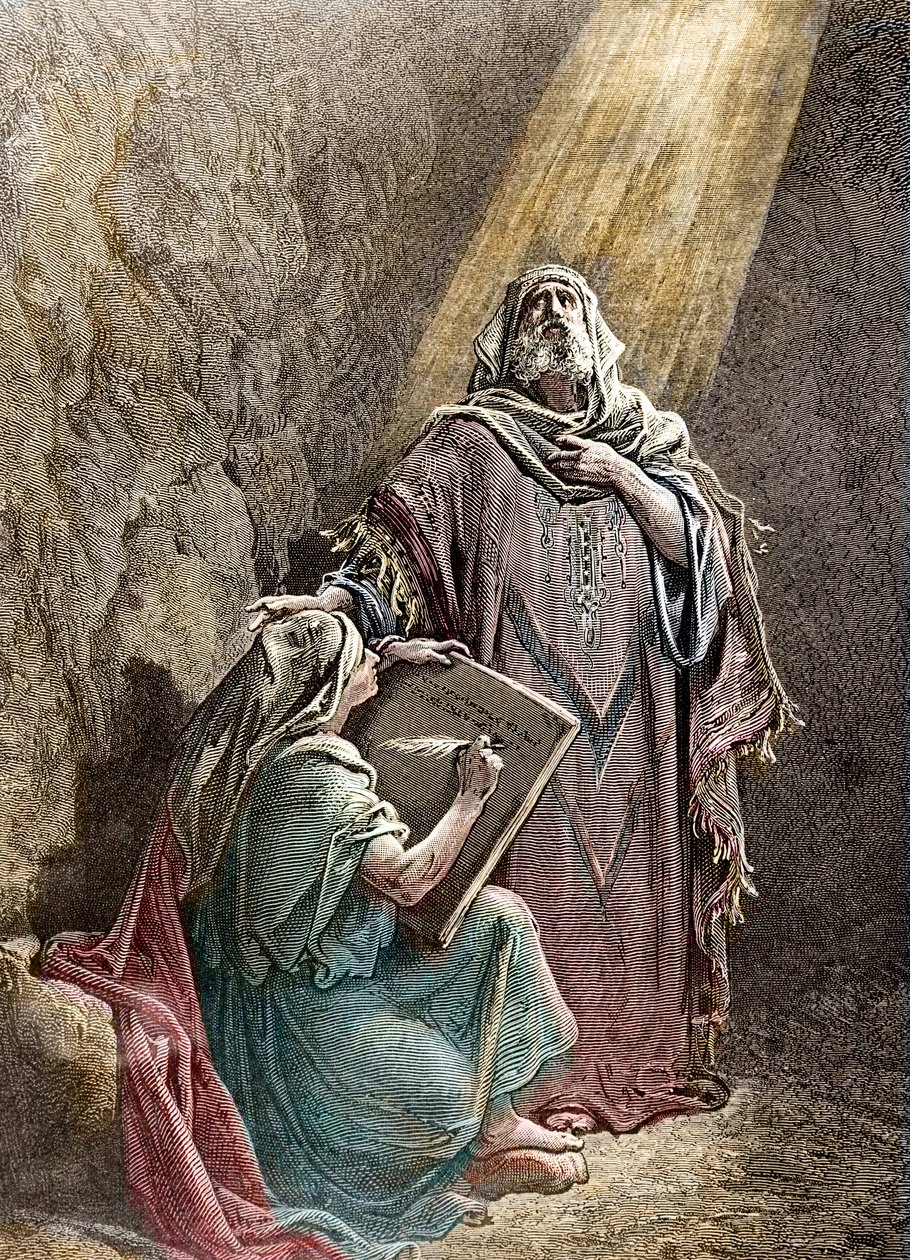 Prorok Jeremie diktující svá proroctví Baruchovi - Kolorisejská rytina od Pannemackera, z Bible Gustava Dorea (1832-1883) - Jeremiáš (650-585 př.nl), hebrejský prorok. Jeremiáš diktuje svá proroctví Báruchovi. Rytina od Pannemaker, The Bibl od Gustave Dore