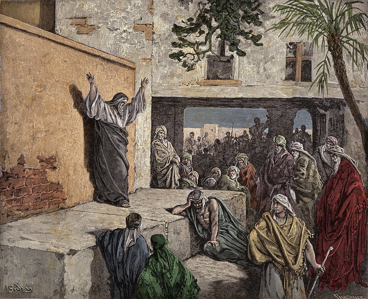 Prorok Michee nabádá lid Izraele k pokání Rytina z „Bible“ od Gustava Dorea (1832-1883) Kolem roku 1860 od Gustave Dore