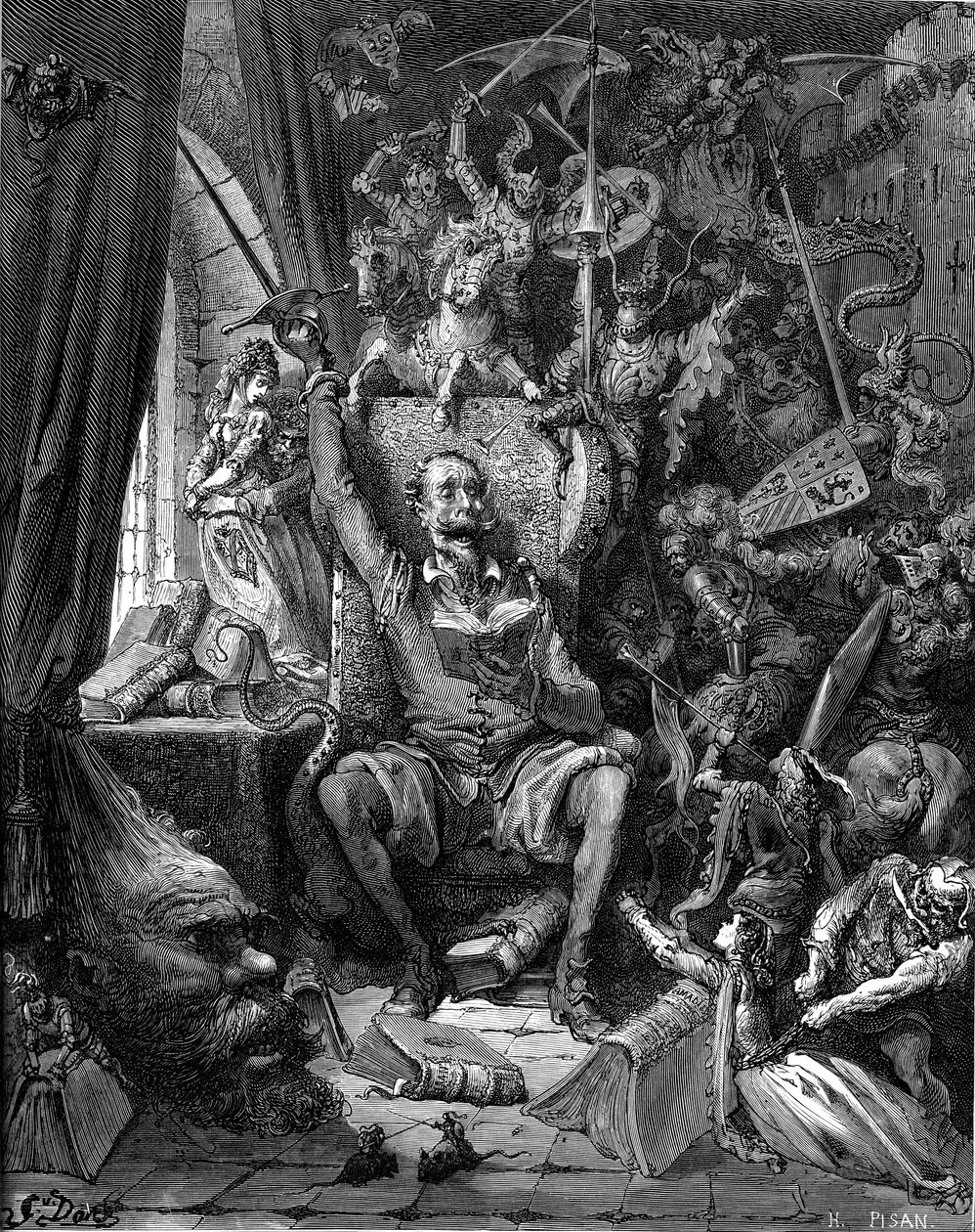 Čtení Dona Quijota (Quixote nebo Qijote). Rytina Gustava Dore ilustrující vydání Hachette z roku 1869 knihy „“L