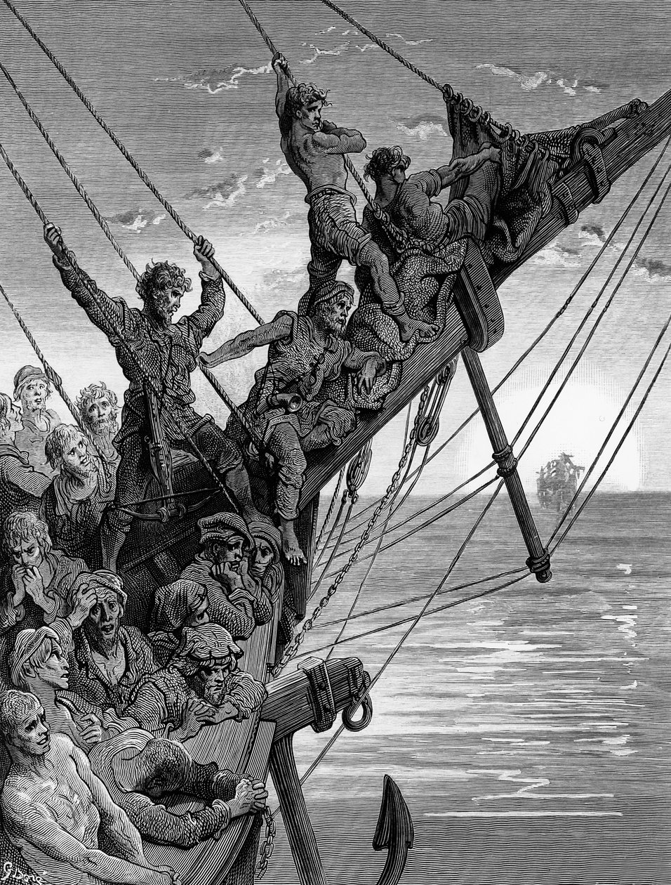Námořníci vidí v dálce přízračnou loď, scénu z filmu The Rime of the Ancient Mariner od S.T. Coleridge, vydal Harper und Brothers, New York, 1876 (dřevoryt) od Gustave Dore