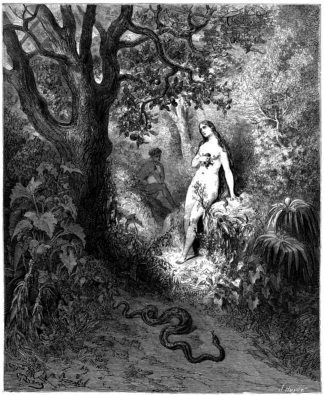 Had míří k Adamovi a Evě. Ilustrace Gustava Doreho ke knize "Ztracený ráj" od Johna Miltona (1608-1674) - Pokušení - Rybaření - Rytina z roku 1866. Soukromá sbírka od Gustave Dore