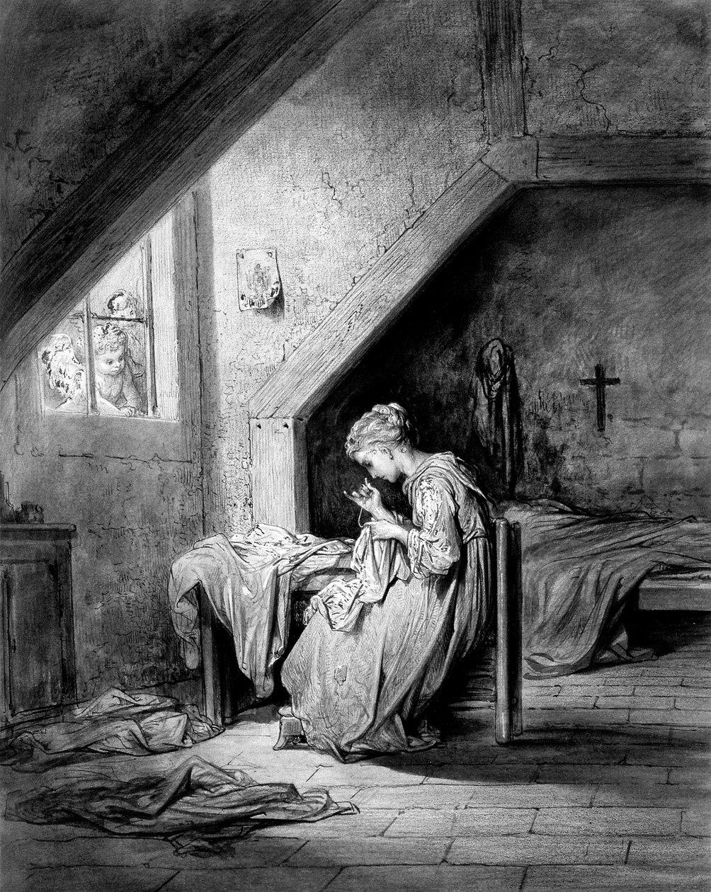 The song of the shirt Thomas Hood ed. Moxon - Chudá krejčová šije košili v ložnici, nad postelí visí krucifix. ilustrace (kresba) Gustave Dore kolem roku 1870 - náčrt této rytiny existuje v Musee d