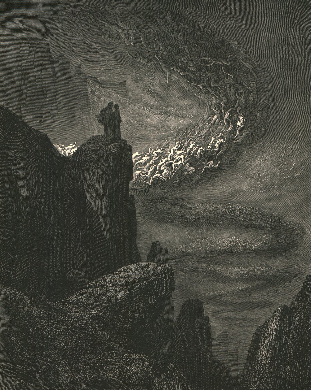 Bouřlivý výbuch pekla s neklidnou zuřivostí žene duchy dál, c1890. od Gustave Dore