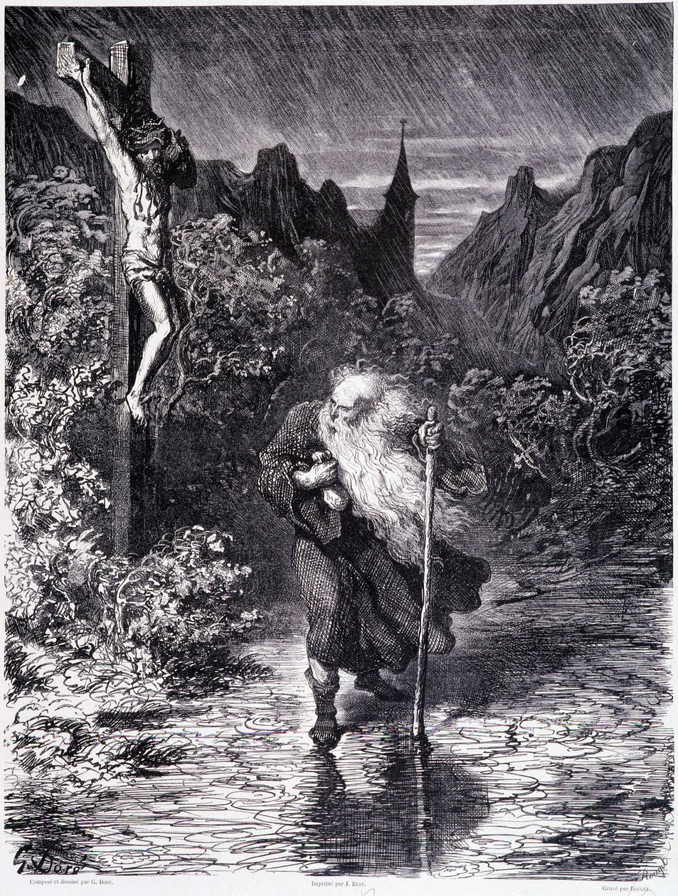 Potulný Žid procházející poblíž Kalvárie - v „Legendě o potulném Židovi“ od Gustava Doré, knihkupectví malebného obchodu od Gustave Dore