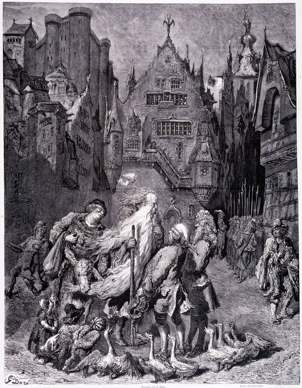 Putující Žid obklopený zvědavci ve městě – v „Legendě o putujícím Židovi““ od Gustava Doré, knihkupectví malebného obchodu od Gustave Dore