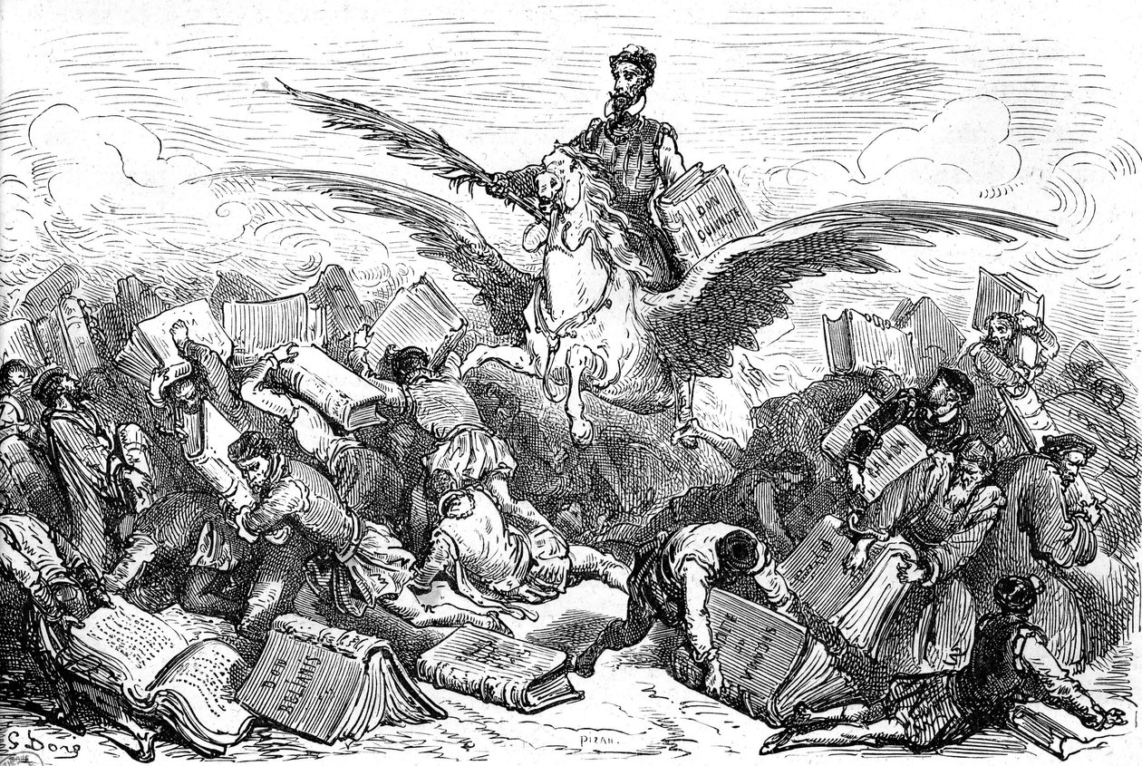 Spisovatel Cervantes jede na okřídleném koni (Pegase) se svou knihou "Don Quijote" a pérem v ruce a přelétá nad ostatními spisovateli, kteří nesou (těžce!) své knihy. Rytina od Gustava Doreho ilustrující vydání knihy "L