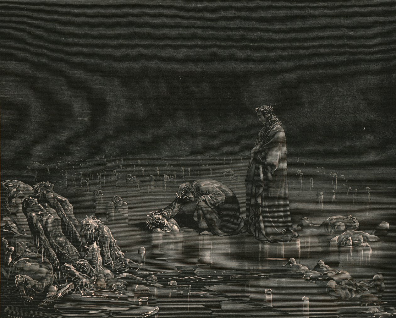 Pak jsem se zmocnil jeho zadní části hlavy a vykřikl: Jmenuj tě, nebo tu nezůstane ani vlas, c1890. od Gustave Dore