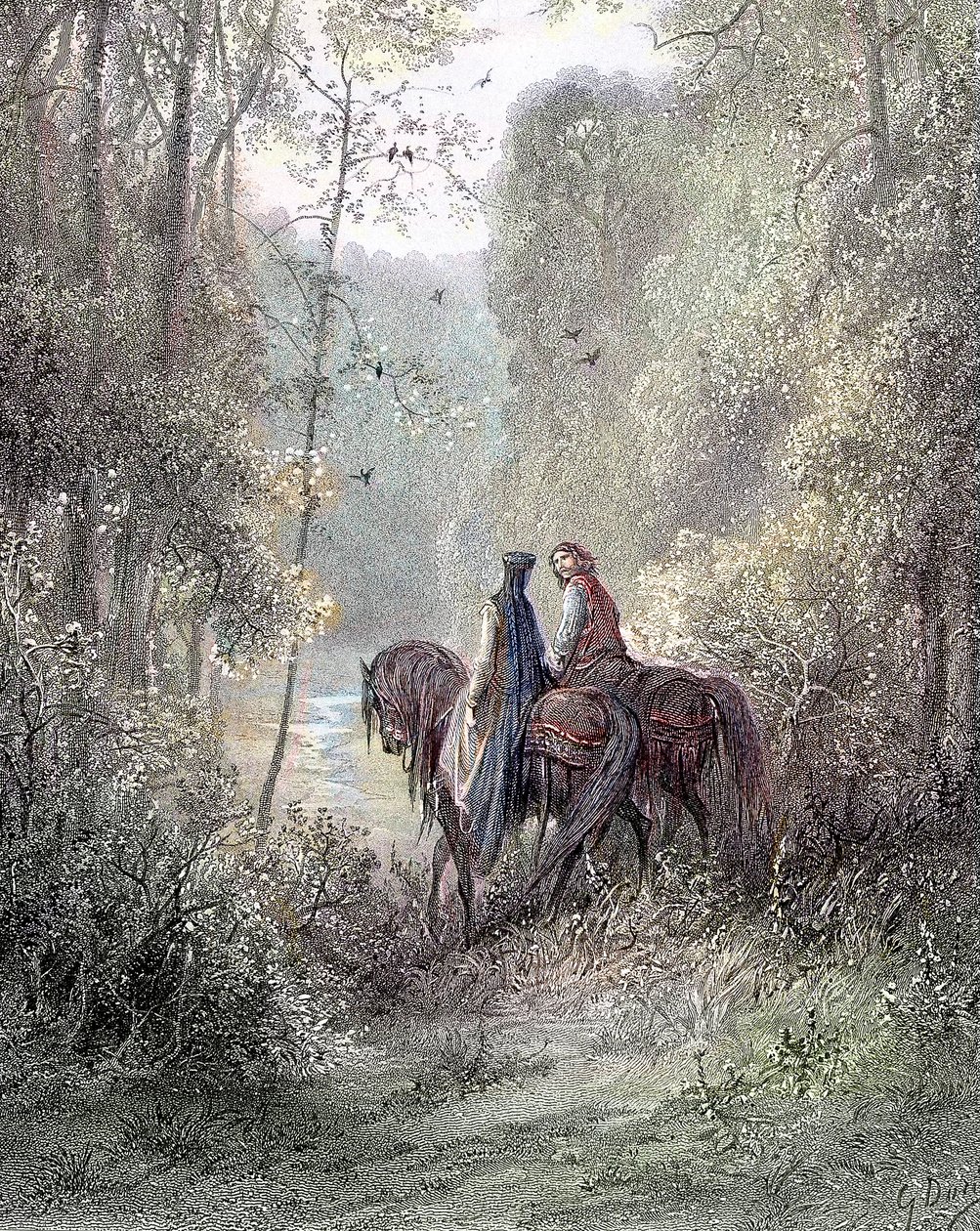 Ztratili se pod háji, které se zdály být rájem květin (Guenièvre a Lancelot) - v „“Guenièvre““ od Alfreda Tennysona, nemocného. od Gustava Doré Paris, Librairie Hachette et Cie od Gustave Dore