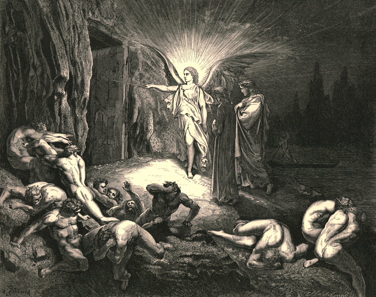 Přišel k bráně a dotkl se jí hůlkou, c1890. od Gustave Dore