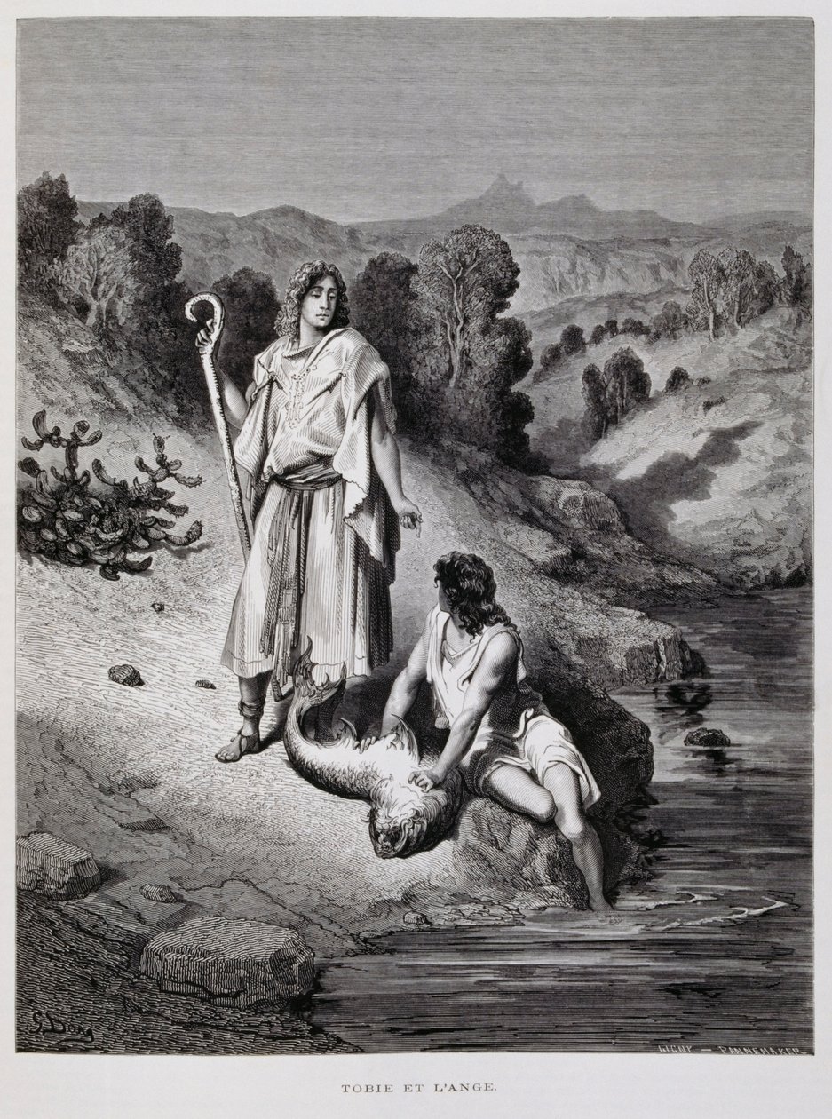 Tobiáš a anděl, ilustrace z Doreho bible od Gustave Dore