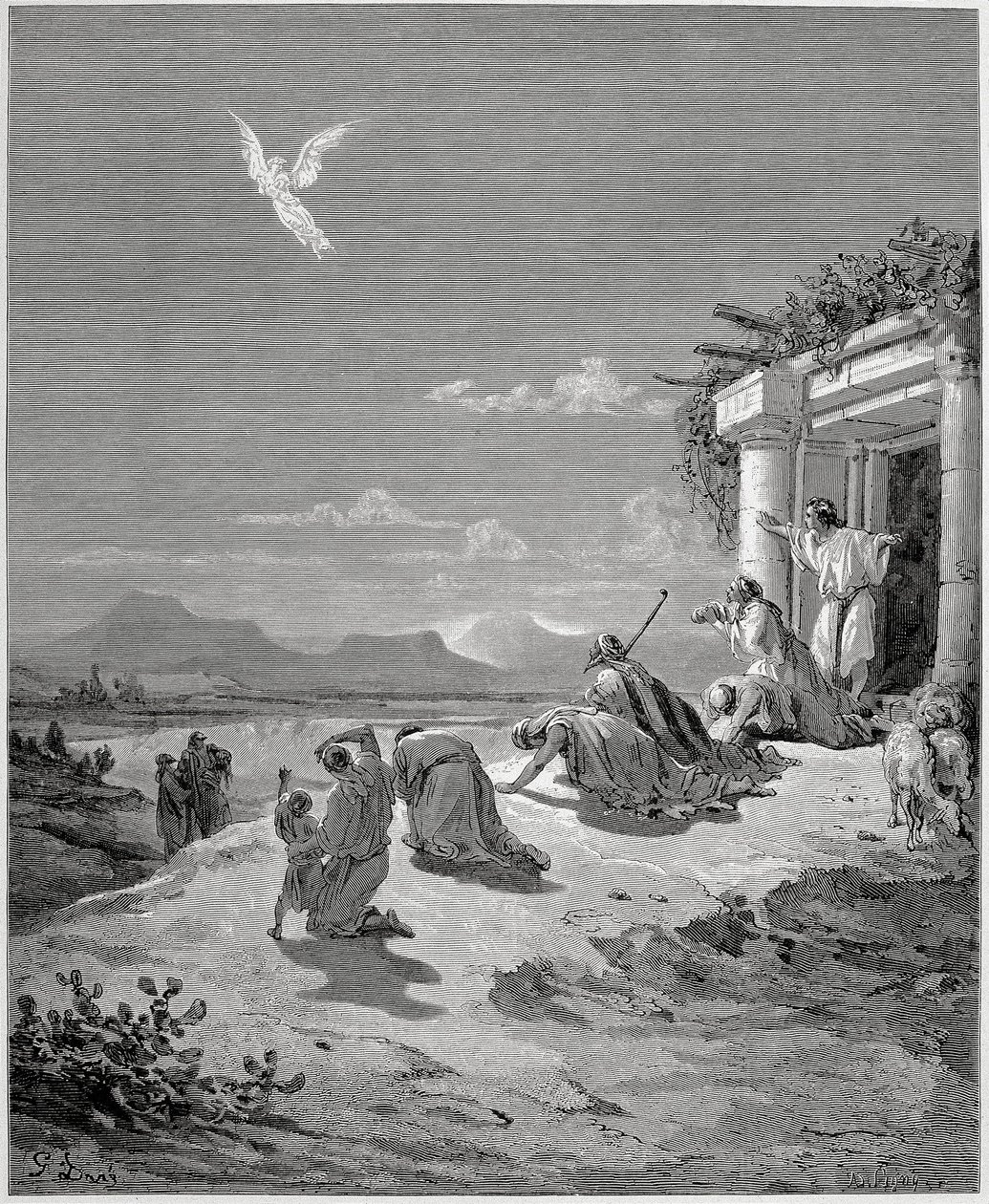 Tobiasova rodina vidí mizet anděla Raphaela od Gustave Dore