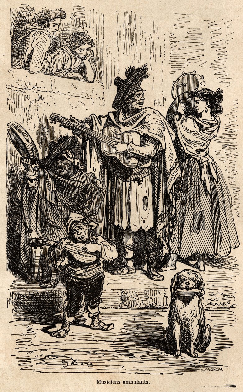 Cestující hudebníci ve Valencii, kresba Gustava Dorea (1832-1883), pro ilustraci jeho cesty do Španělska s C.Davillierem v roce 1862. Rytina v „“Le tour du monde“, editoval Edouard Charton od Gustave Dore