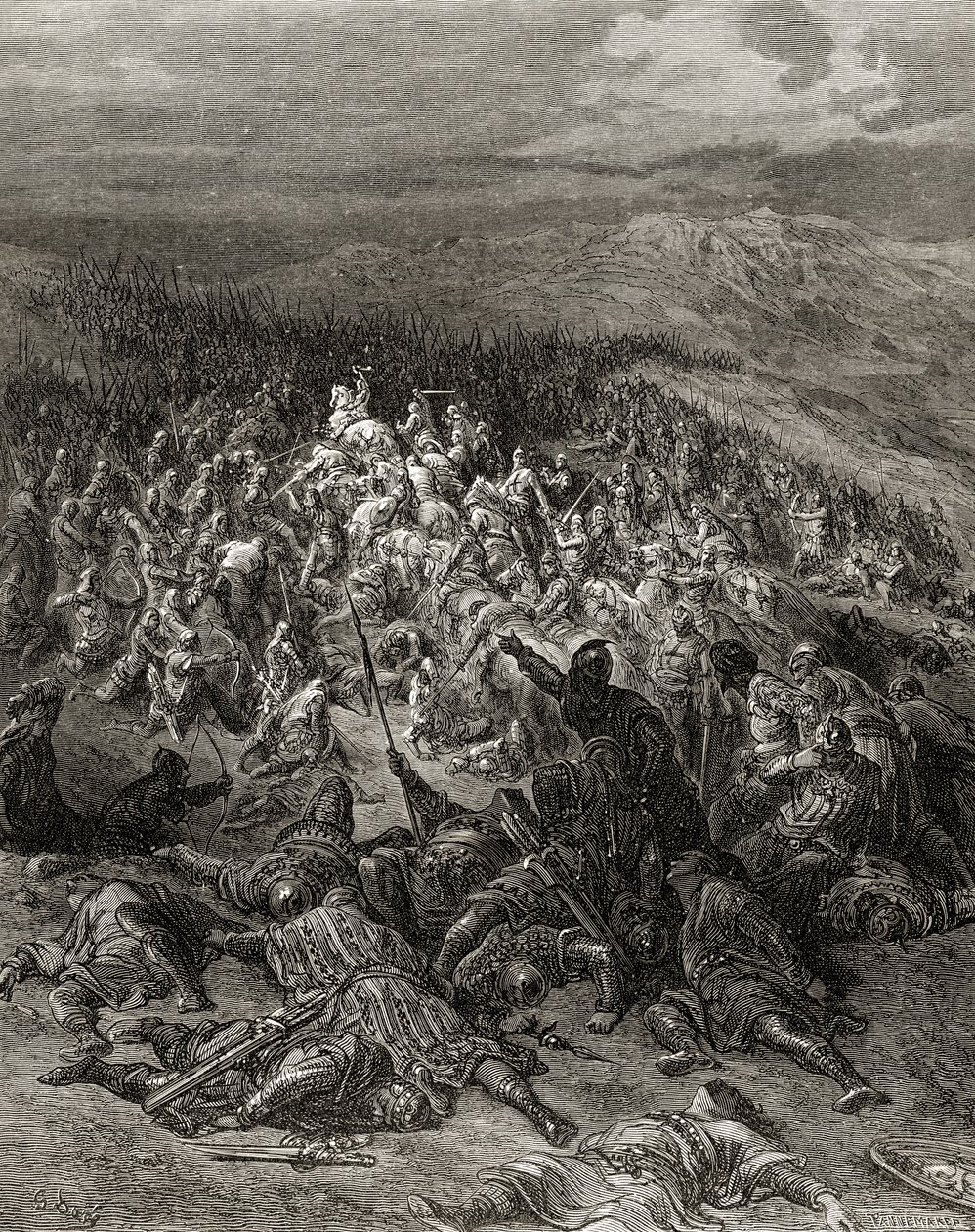Dvě stě rytířů útočí na dvacet tisíc Saracénů, ilustrace z 