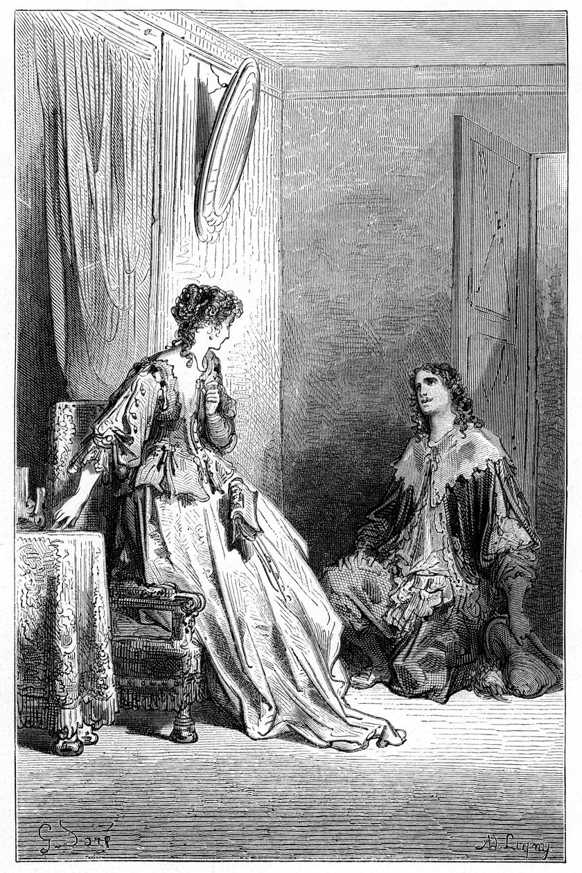 Vallombreuse poklekne před Isabelle, kterou miluje. Rytina Gustava Doreho ilustrující román Theophila Gautiera "Le capitaine Fracasse", edice Charpentier 1863. od Gustave Dore