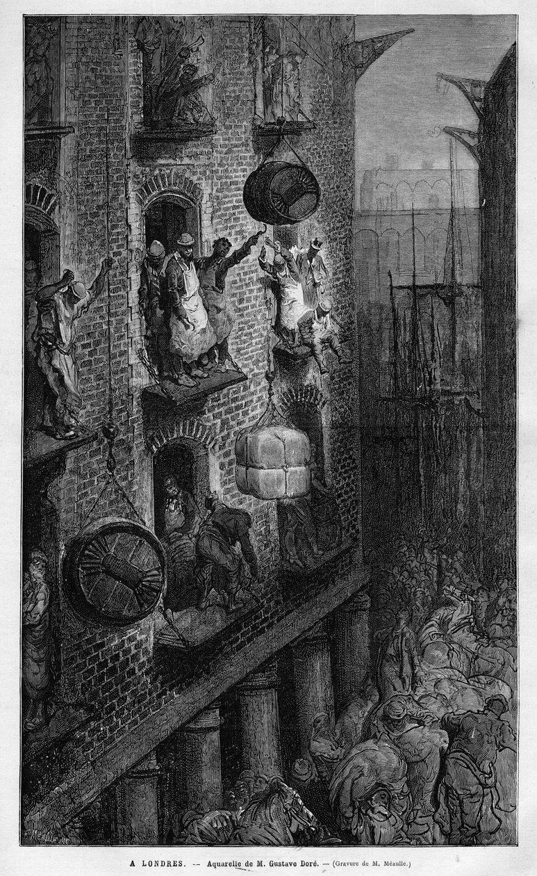 Pohled na život v Londýně. Kresba Gustave Dore. Rytina v „“Le Monde illustrious”” 1883. Soukromá sbírka. od Gustave Dore