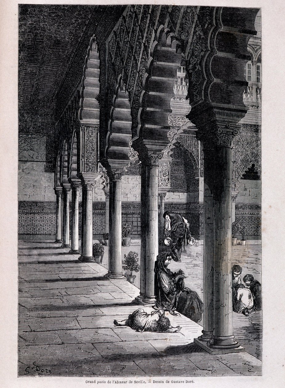 Pohled na velké nádvoří Alcazaru v Seville - od Doré, v „“ Tour du Monde“, 2. sem. 1866. od Gustave Dore