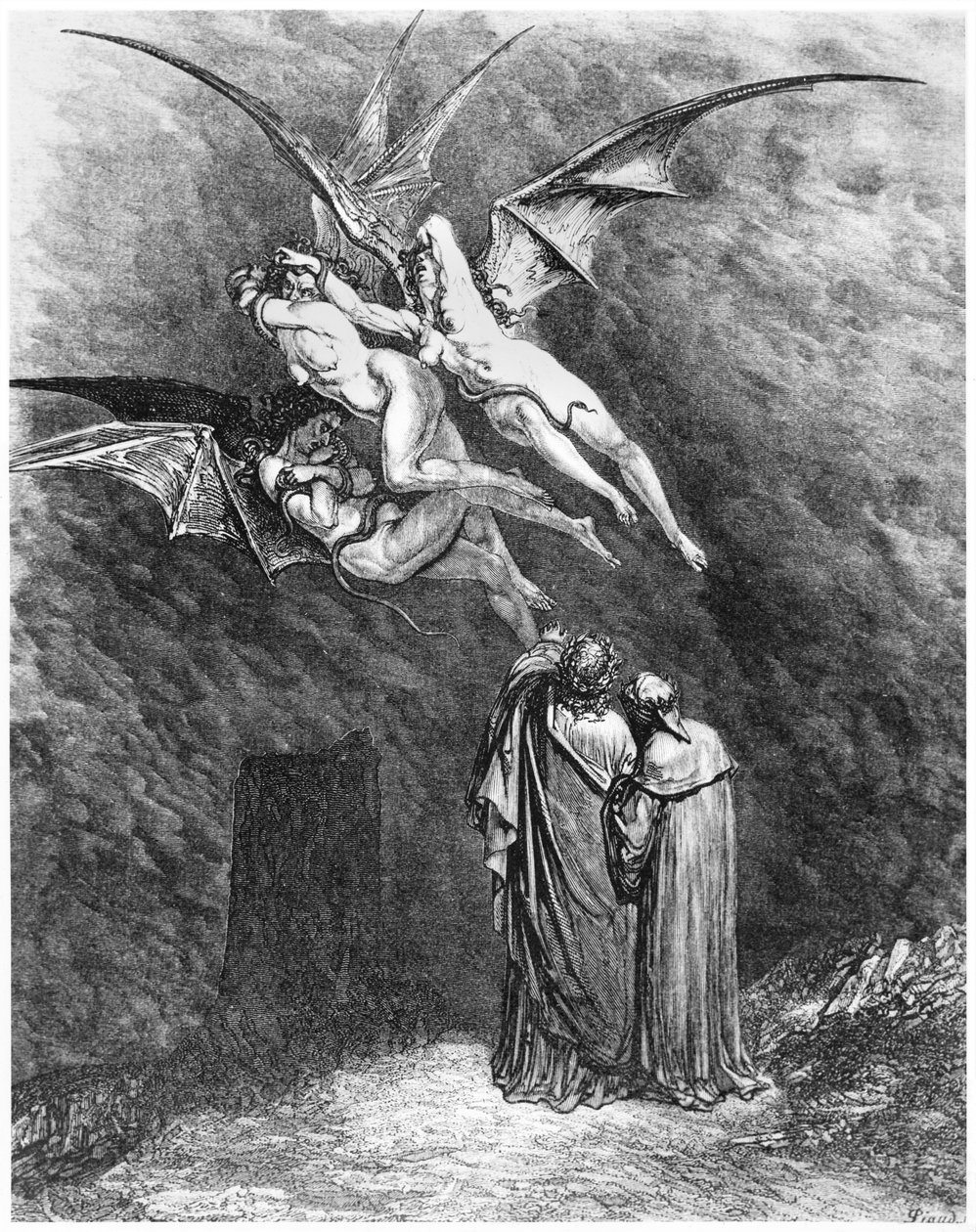 Vergilius (70-19 př. n. l.) Dante a Eriny, ilustrace z "Božské komedie" (Inferno) od Dante Alighieriho (1265-1321) Paříž, vydáno 1885 od Gustave Dore