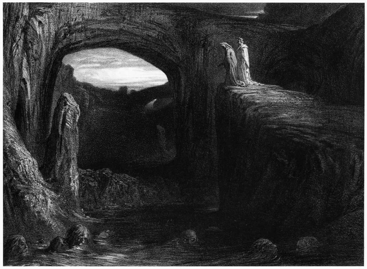 Vergilius (70-19 př. n. l.) a Dante vstupují do pekla, ilustrace z "Božské komedie" (Inferno) od Dante Alighieriho (1265-1321) Paříž, vydáno 1885 od Gustave Dore