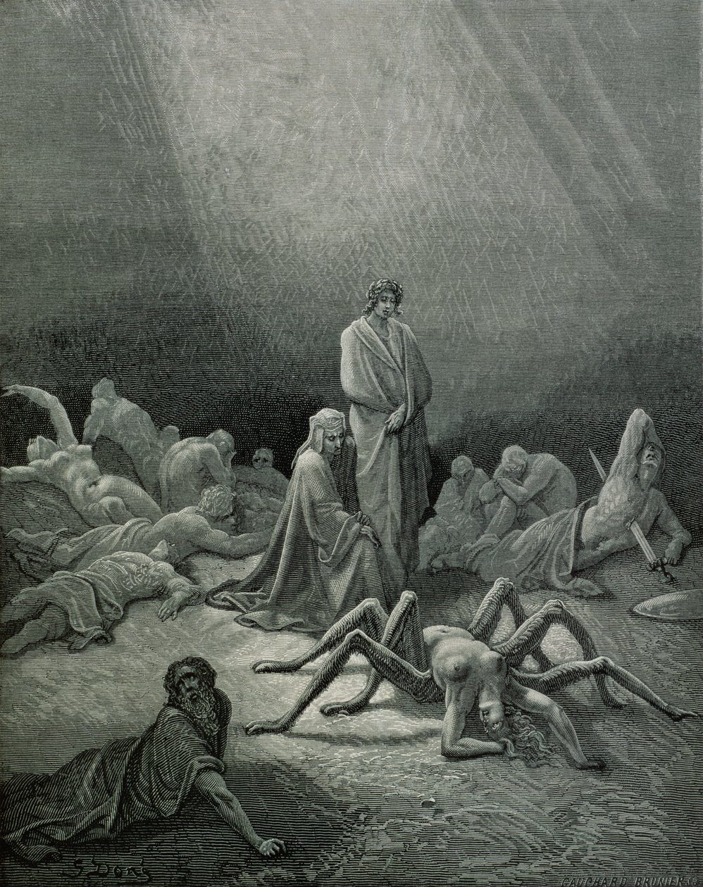 Vergilius (70-19 př. n. l.) a Dante při pohledu na pavoučí ženu, ilustrace z "Božské komedie" (Inferno) od Dante Alighieriho (1265-1321) Paříž, vydáno 1885 od Gustave Dore