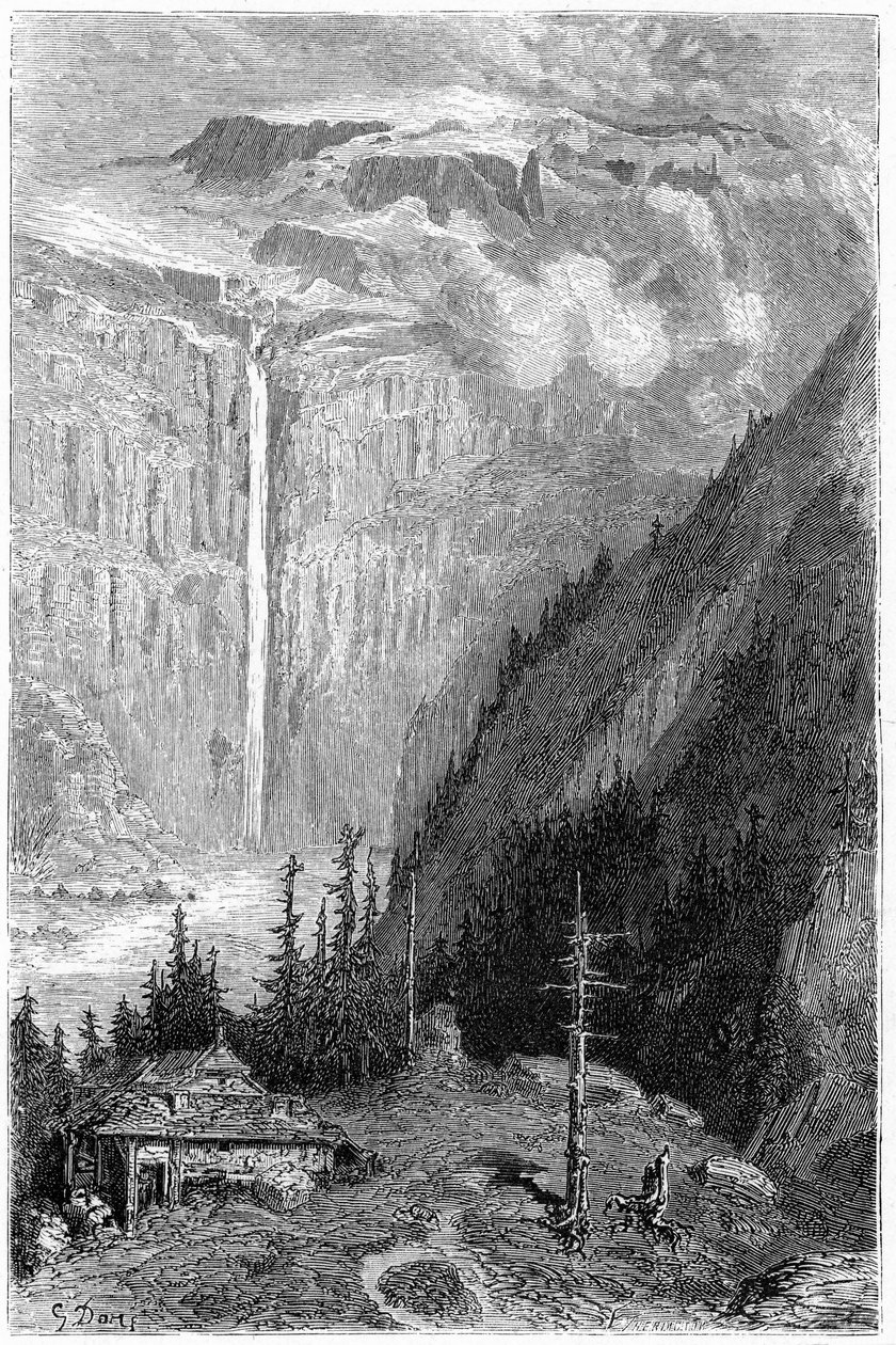 Vodopád Cirque de Gavarnie při pohledu od hostince: rytina Gustava Doreho ilustrující knihu "Voyage aux Pyrenees" od Hippolyte Taine, Hachette 1860. od Gustave Dore