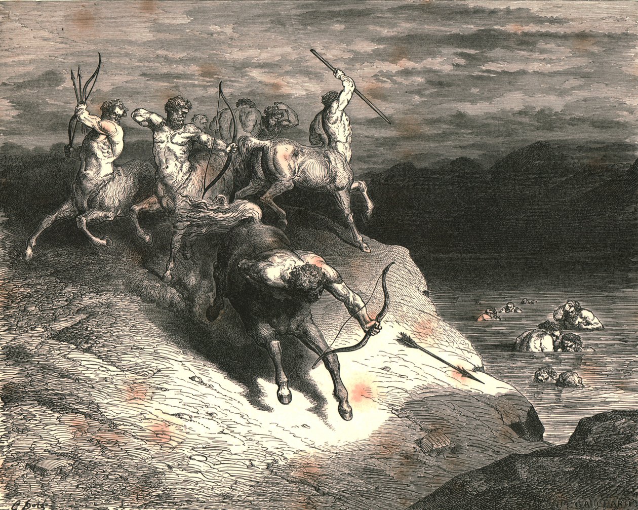 My k těm bestiím, které rychle kráčely, jsme se přiblížily, když Chiron vystřelil šíp, c1890. od Gustave Dore