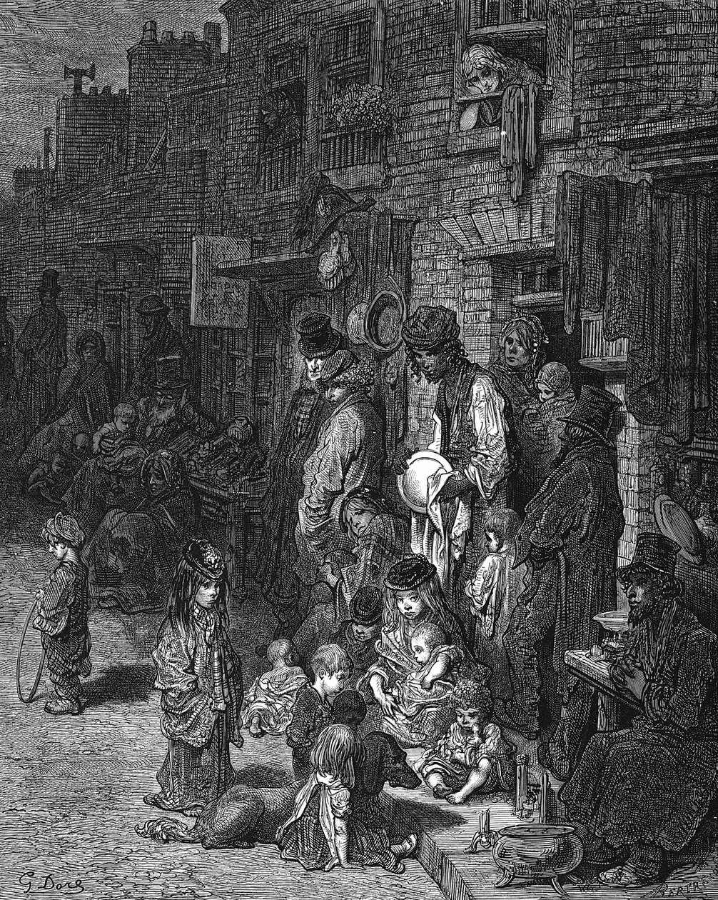 "Wentworth Street, Whitechapel", chudá židovská čtvrť města: Od Gustava Doreho a Blancharda Jerrolda Londýn: A Pilgrimage London 1872. Dřevoryt od Gustave Dore