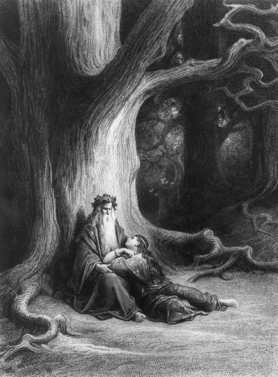 Kouzelník Merlin a víla Vivien v lese Brocéliande. Na základě básně „Vivien“ od Alfreda Tennysona (vyd. Hachette, Paříž, 1868) od Gustave Dore