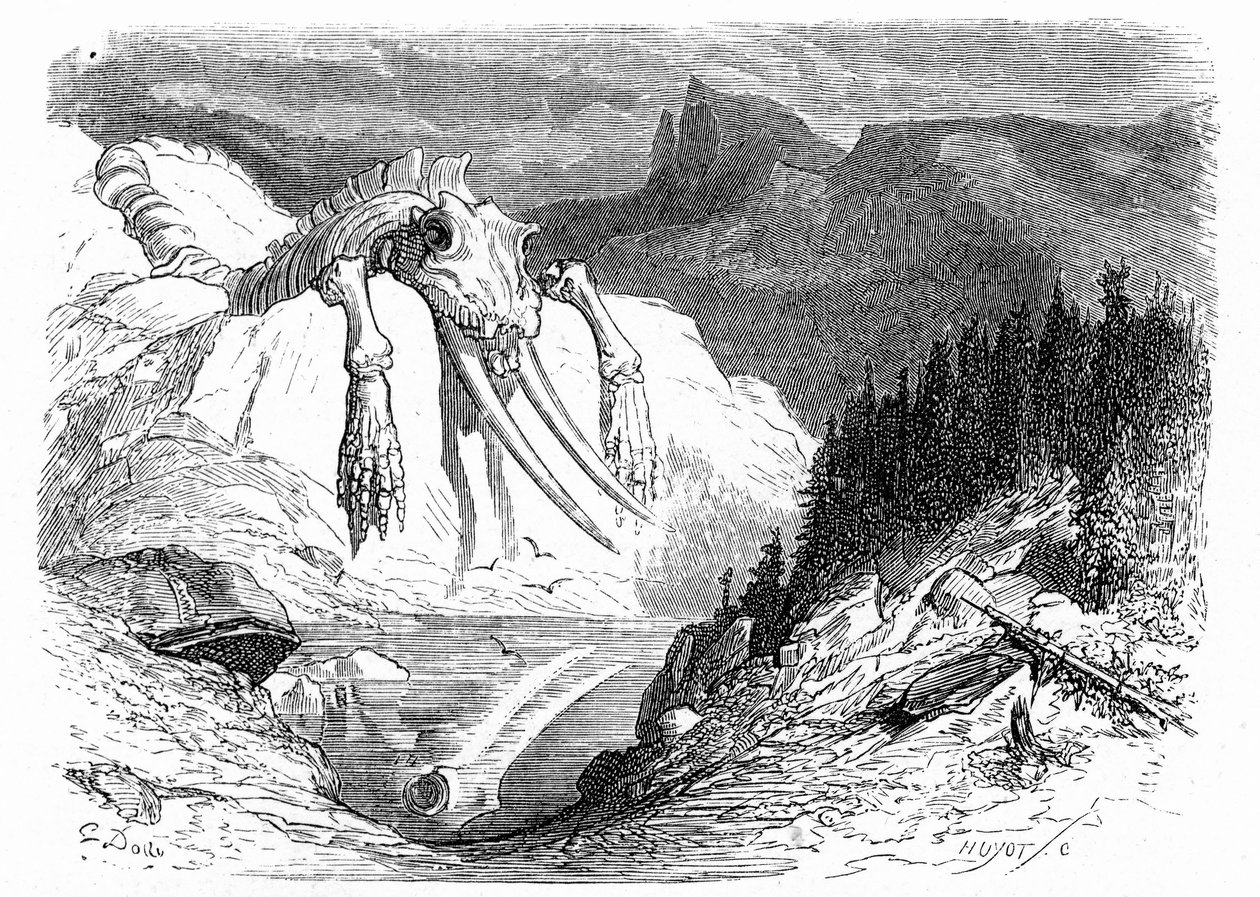 rytina Gustava Doreho z roku 1850: evokuje apokalyptickou potopu, po níž na horu padla různá obludná zvířata. Ilustrace ke knize Hippolyta Taina "Cesta do Pyrenejí", v níž se objevují zkamenělé kosti. od Gustave Dore