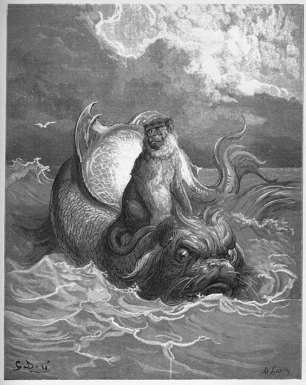 opice a delfín - z "Bajek" od Jean de La Fontaine od Gustave Dore