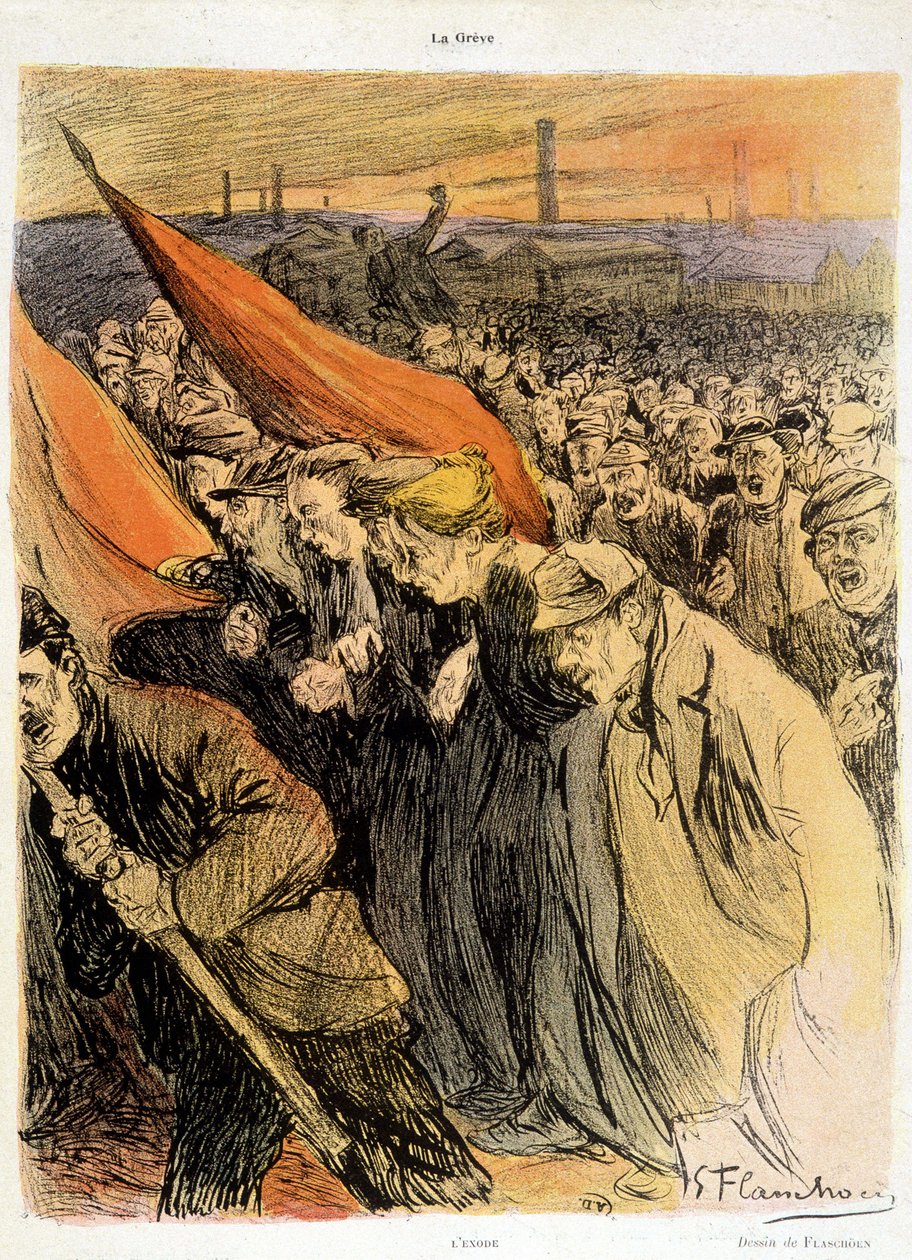 Zakřivený dav s červenými vlajkami, „“La Grève““ od Flaschoëna, deb. 20. s. od Gustave Flasschoen