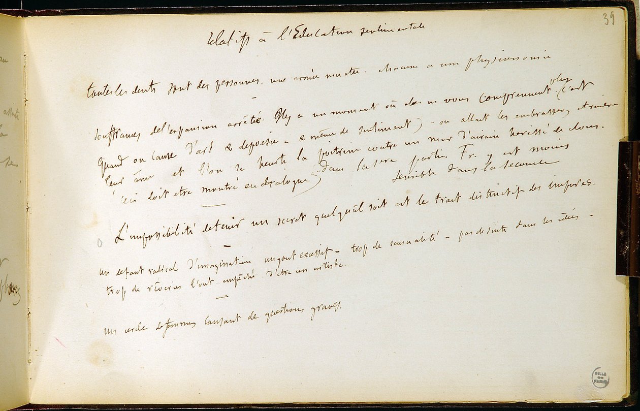 Folio 39 sešitu č. 19 Rukopisná strana návrhů Gustava Flauberta. Plány pro sentimentální výchovu. BHVP. od Gustave Flaubert