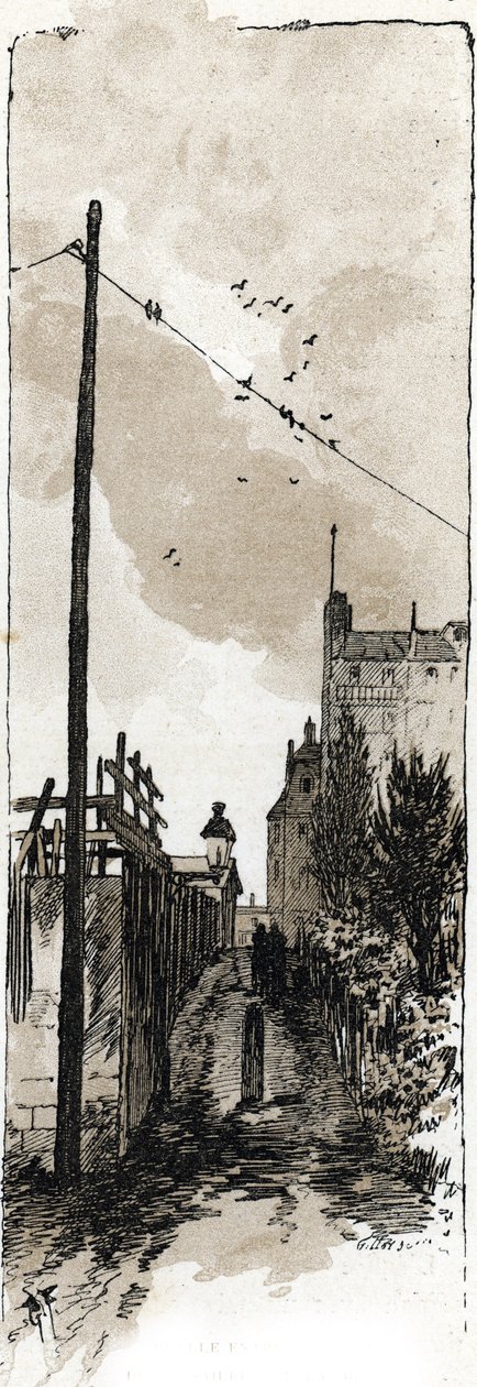 Ulička mezi avenue de Versailles a břehem Seiny, Auteuil, paříž (Ulička mezi avenue de Versailles a řekou Seinou, čtvrť Auteuil, Paříž) Kresba Gustava Frainponta (1849-1923) čerpá ze Saint-Juirs od Gustave Fraipont