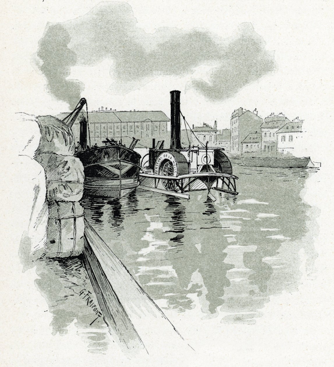 Kotvení lodí v přístavu La Villette, Paříž (Lodě v přístavu La Villette, Paříž) Kresba Gustava Fraiponta (1849-1923) čerpá z „La seine a travers Paris“ od Saint-Juirse od Gustave Fraipont
