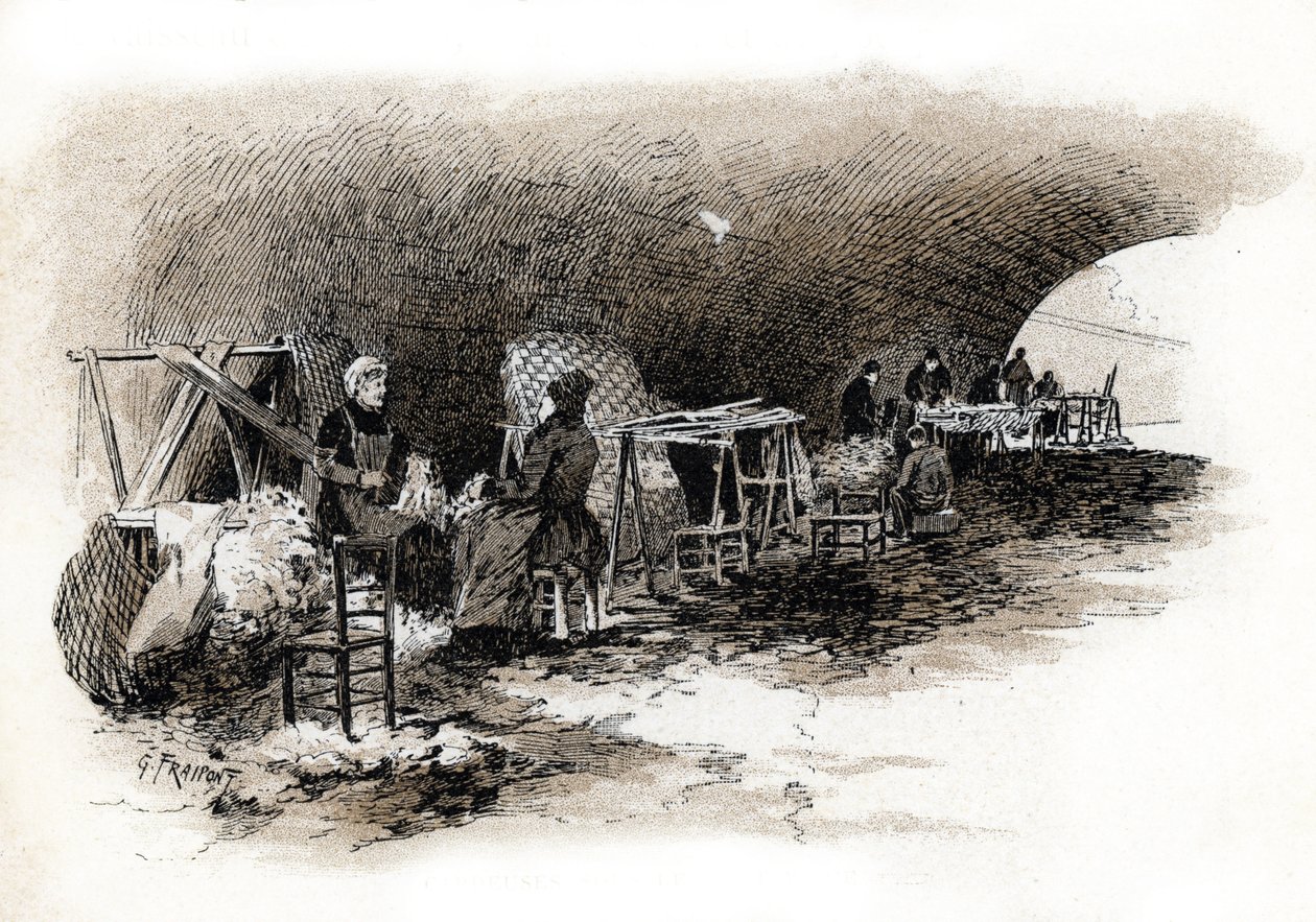 Cardeuses sous le Pont Marie (Pont-Marie) (Dělníci mykající vlnu pod mostem Pont-Marie, Paříž) Paříž Kresba Gustava Fraiponta (1849-1923) kreslí z „La seine a travers Paris“ od Saint-Juirse od Gustave Fraipont
