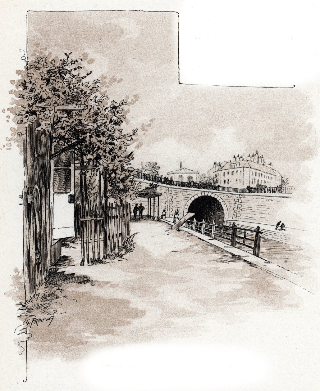 Celní úřad na quai de Valmy, Canal Saint-Martin, Paříž Kresba Gustava Fraiponta (1849-1923) kreslí z „La seine a travers Paris“ od Saint-Juirse od Gustave Fraipont