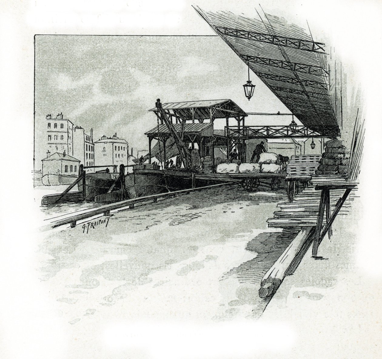 Doky přístavu La villette, Paříž Kresba Gustava Fraiponta (1849-1923) čerpá z „La seine a travers Paris“ od Saint-Juirse od Gustave Fraipont