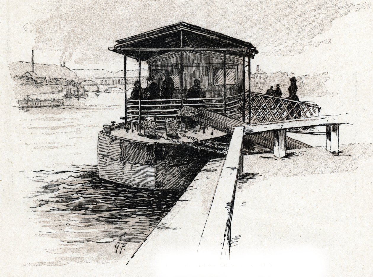 Embarcadere des Bateaux-mouches (Bateaux-mouches) sur la Seine, Paříž (Pohled na molo turistických lodí na řece Seině, Paříž) Kresba Gustava Fraiponta (1849-1923) čerpá ze Saint-Juirsova „“ La seine a travers Paris “ od Gustave Fraipont