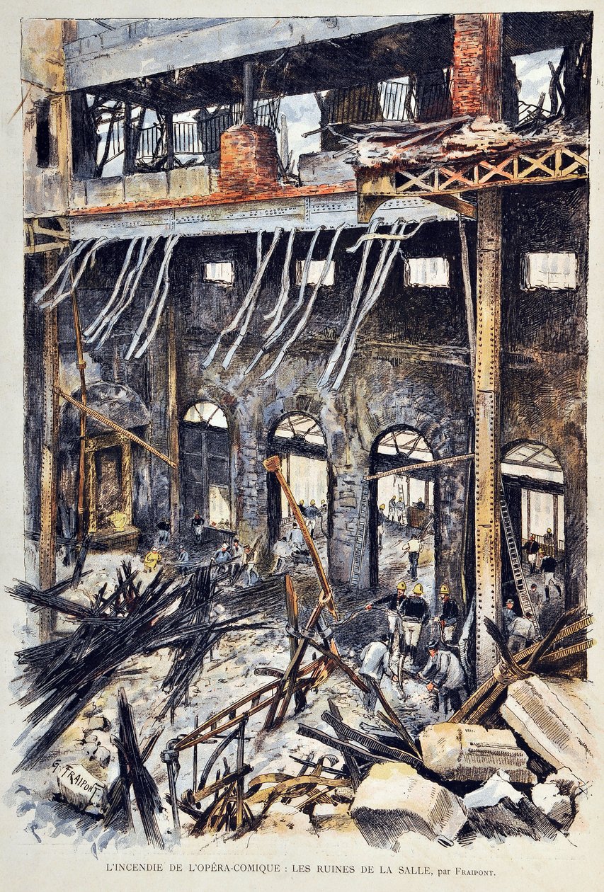 Požár opery Comique (Opera-Comique) v Paříži dne 25. května 1887 během představení prvního dějství Ambroise Thomase „Mignon“. Vnitřní ruiny. Ilustrace Gustave Fraipont (1849 -1923) Rytina z roku 1887 v týdeníku Paris-Illustrous. od Gustave Fraipont