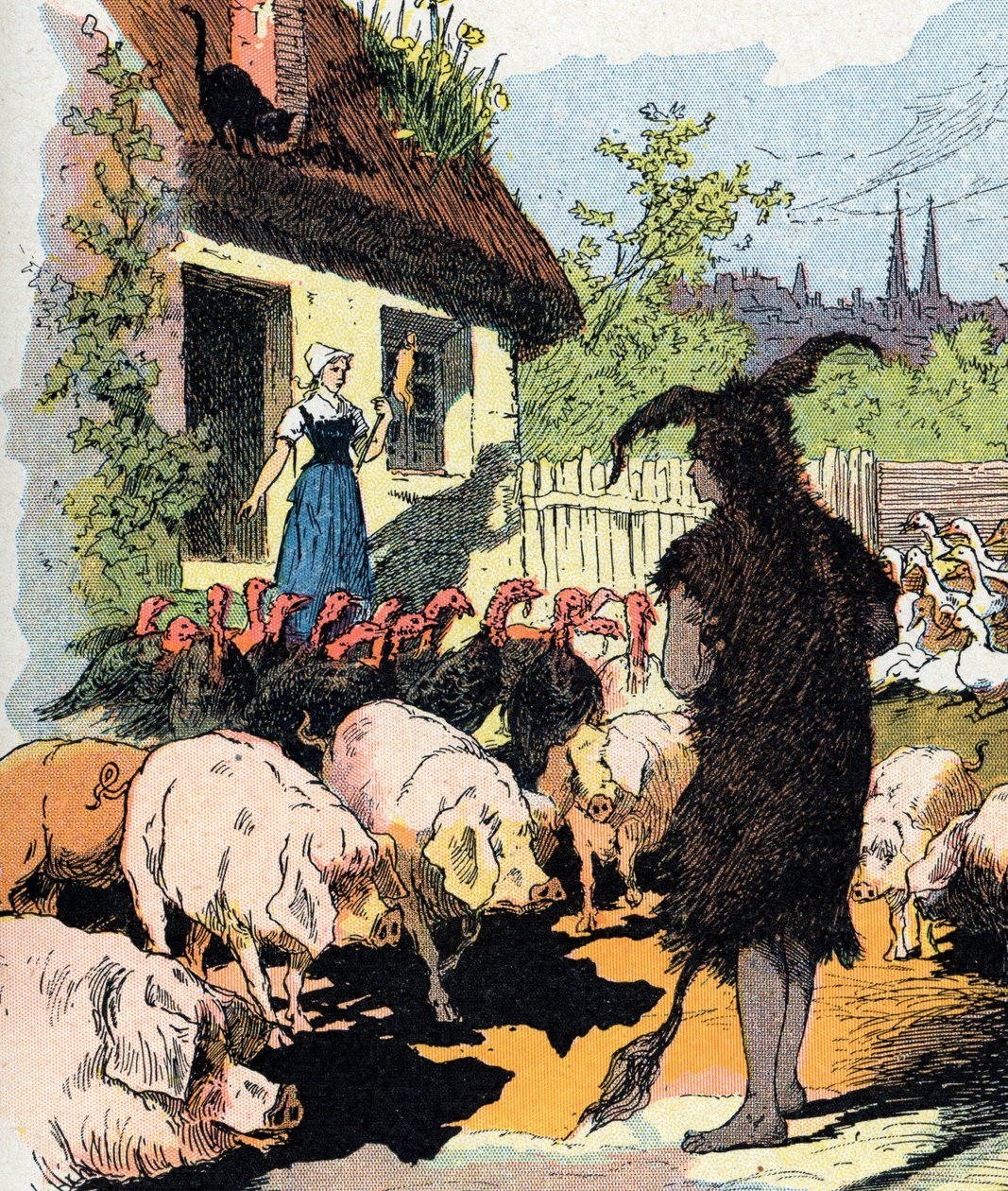 Služebnice oslí kůže Ilustrace Gustava Fraiponta k příběhu „“ Hůlková kůže“ (Ane skin) Charles Perrault (1628-1703), francouzský spisovatel (Ilustrace k „Oslí kůži““ francouzská literární pohádka) Soukromá sbírka od Gustave Fraipont