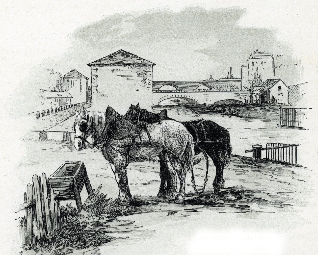 Horses de haulage, quai de la Gironde, Villette (Koně používané pro tažení lodí kanálu saint-denis, quai de la gironde, Villette Paris) Kresba Gustava Fraiponta (1849-1923) ze Saint-Juirs od Gustave Fraipont