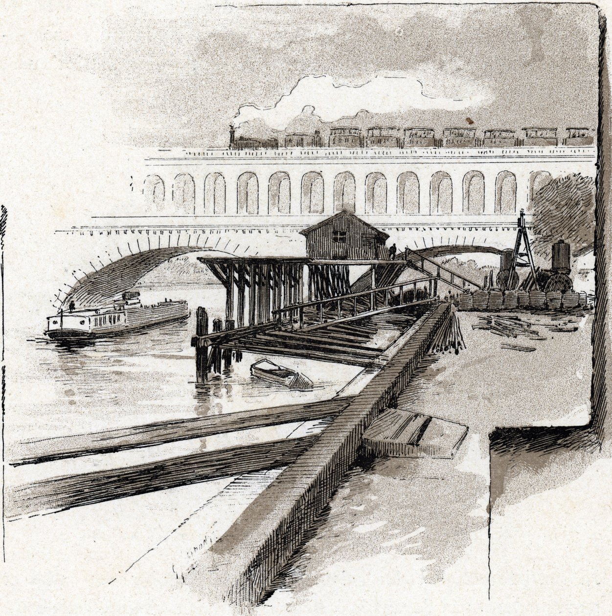 Viaduct du Point du jour, Boulogne-Billancourt (pohled na Viaduct Bridge of Day District, Boulogne Billancourt) kresba Gustave Fraipont (1849-1923) od Saint-Juirs od Gustave Fraipont