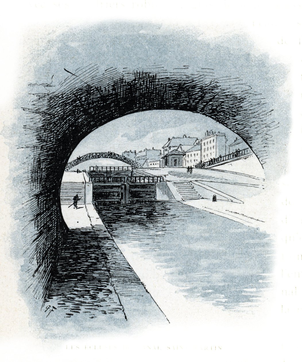 Les ecluses du canal Saint Martin, Paris (Pohled na zdymadla kanálu Saint-Martin, Paříž) Kresba Gustava Fraiponta (1849-1923) čerpá z „La seine a travers Paris“ od Saint-Juirse od Gustave Fraipont
