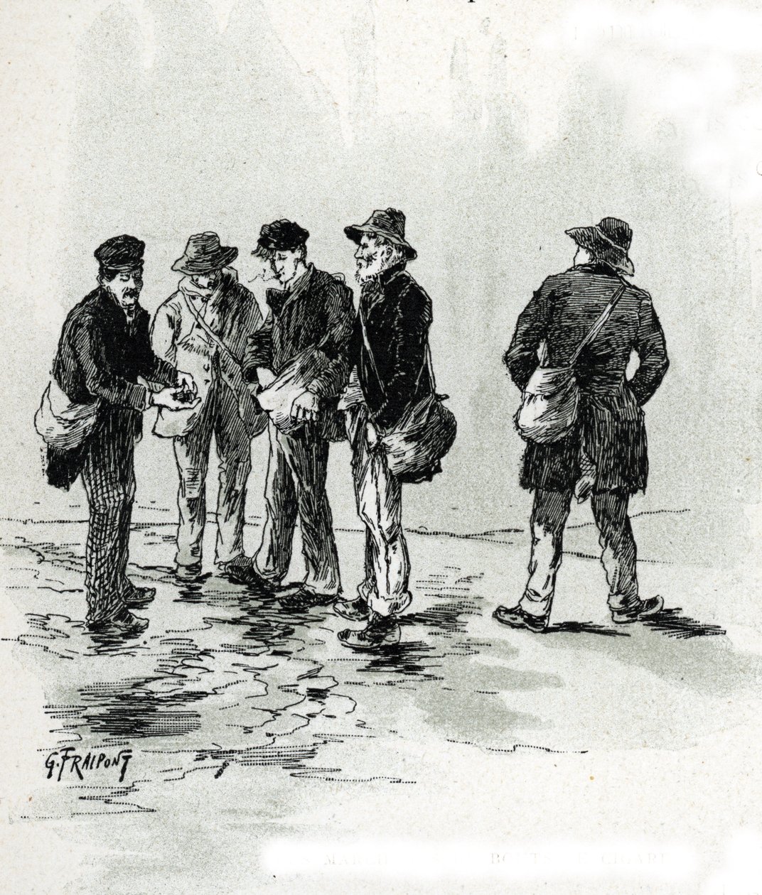 Pouliční obchodníci s tipy na doutníky a cigarety, čtvrť Maubert, Paříž Kresba Gustava Fraiponta (1849-1923) čerpá z „La seine a travers Paris“ od Saint-Juirse od Gustave Fraipont