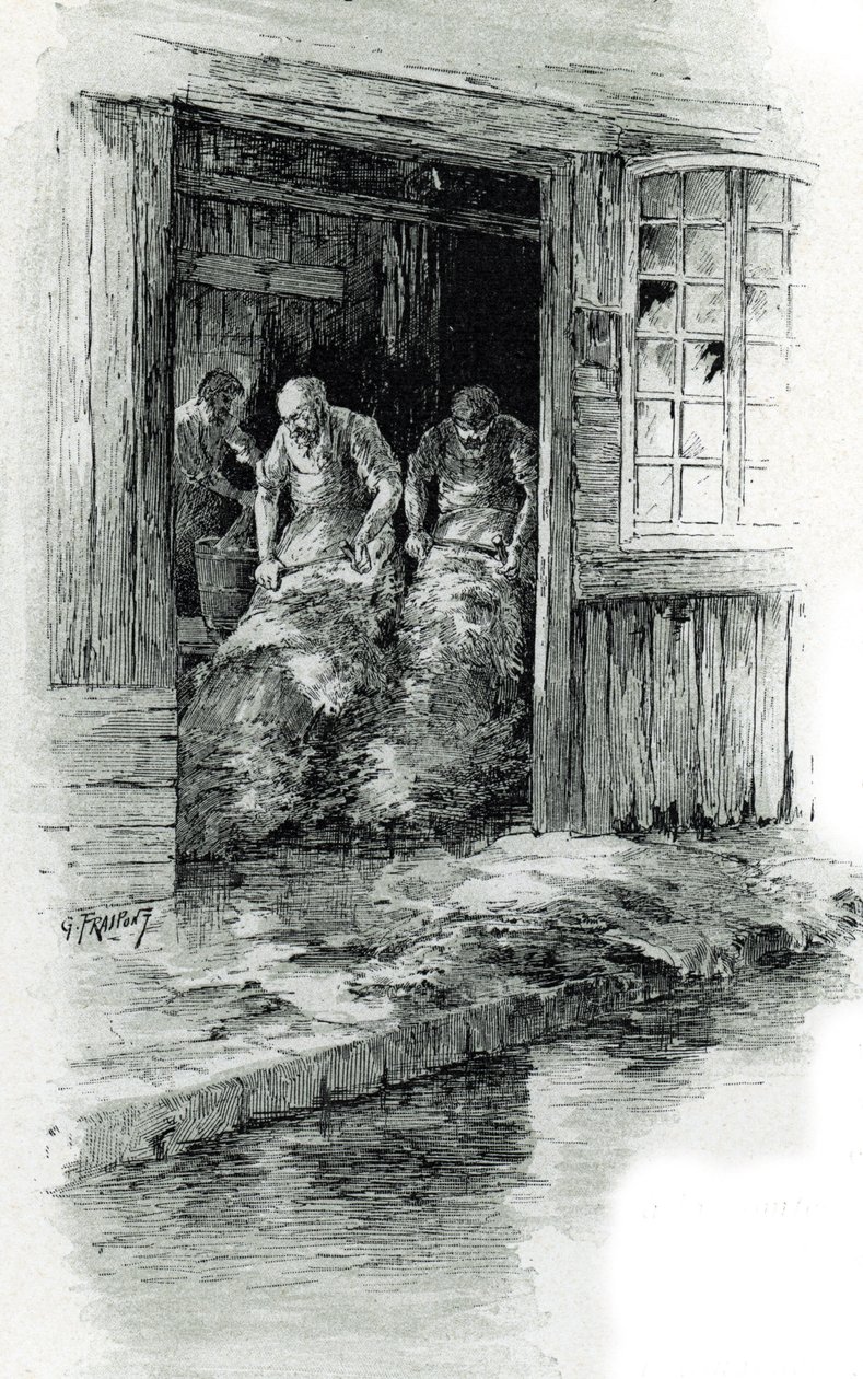 Megissiers de la rue des gobelins v Paříži (Sluhové zpracovávající kůže a zvířecí kůže v rue des Gobelins, Paříž) Kresba Gustava Frainponta (1849-1923) čerpá z „La seine a travers Paris“ od Saint-Juirse od Gustave Fraipont