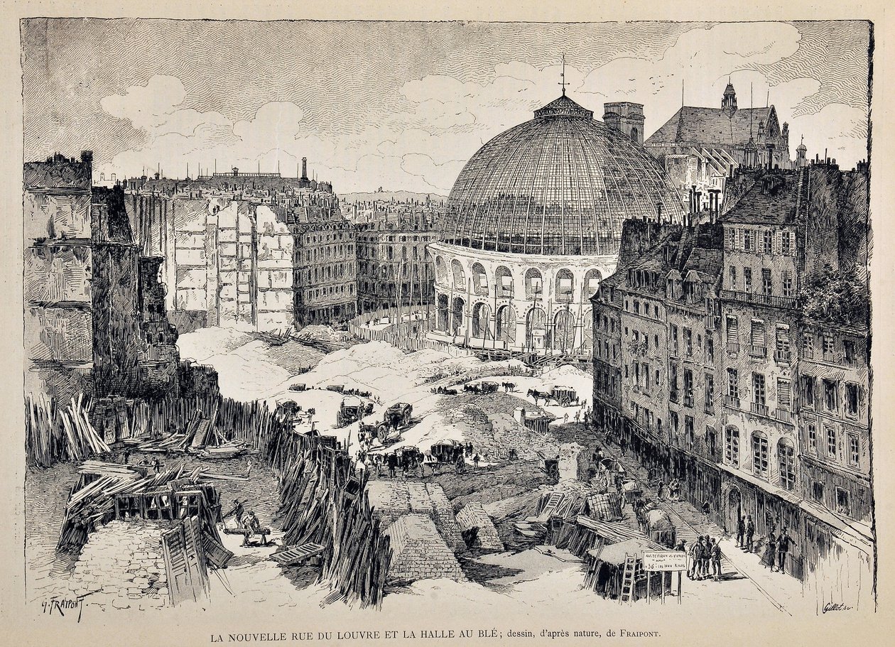 Nová Rue du Louvre a Halle au Ble v Paříži v roce 1887. ilustrace Gustave Fraipont (1849 - 1923). Rytina z roku 1887 v týdeníku „Pařížský Illustrous“. od Gustave Fraipont