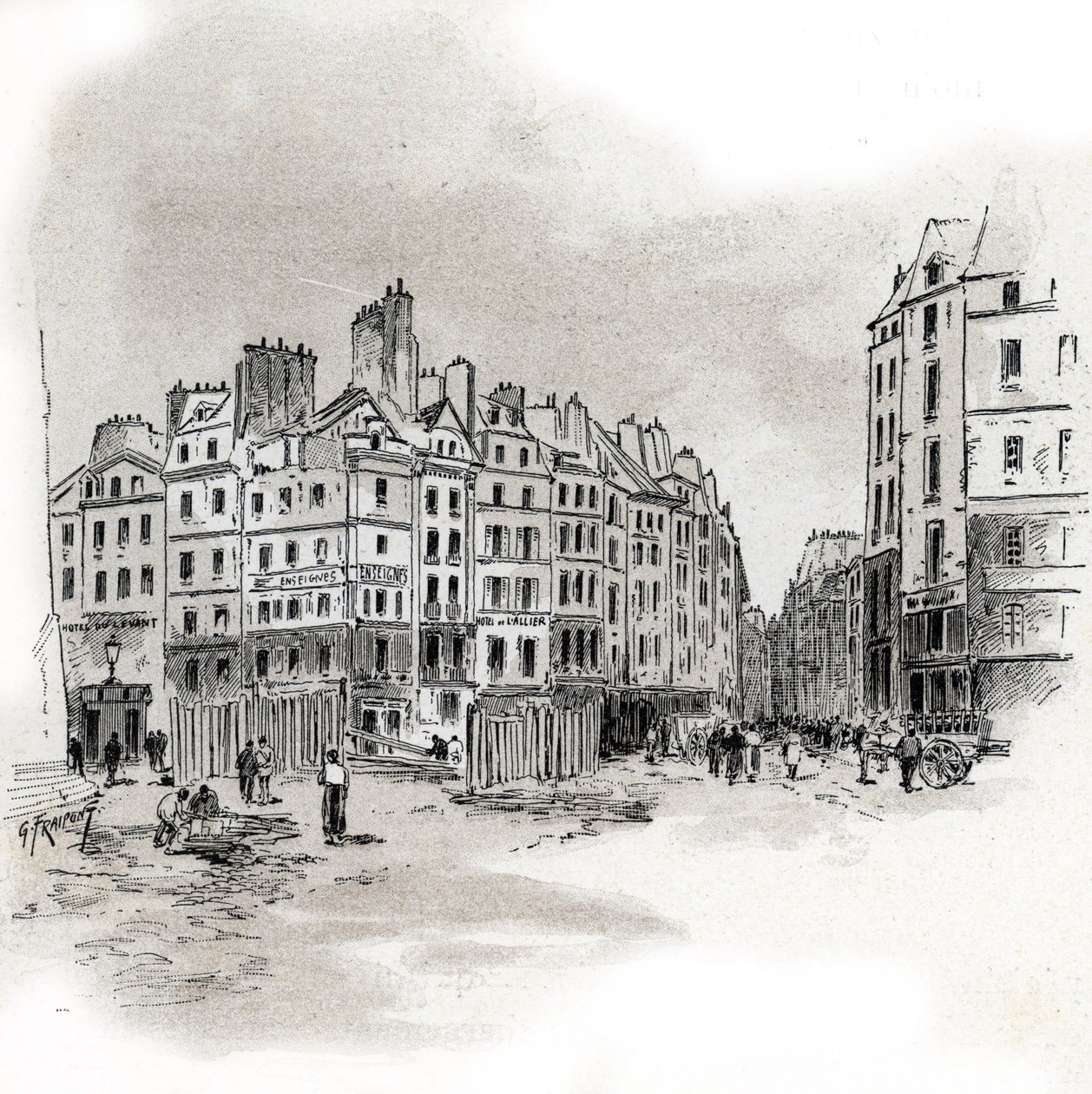 Pohled na Place Maubert, Paříž Kresba Gustava Fraiponta (1849-1923) kreslí z „La seine a travers Paris“ od Saint-Juirse od Gustave Fraipont
