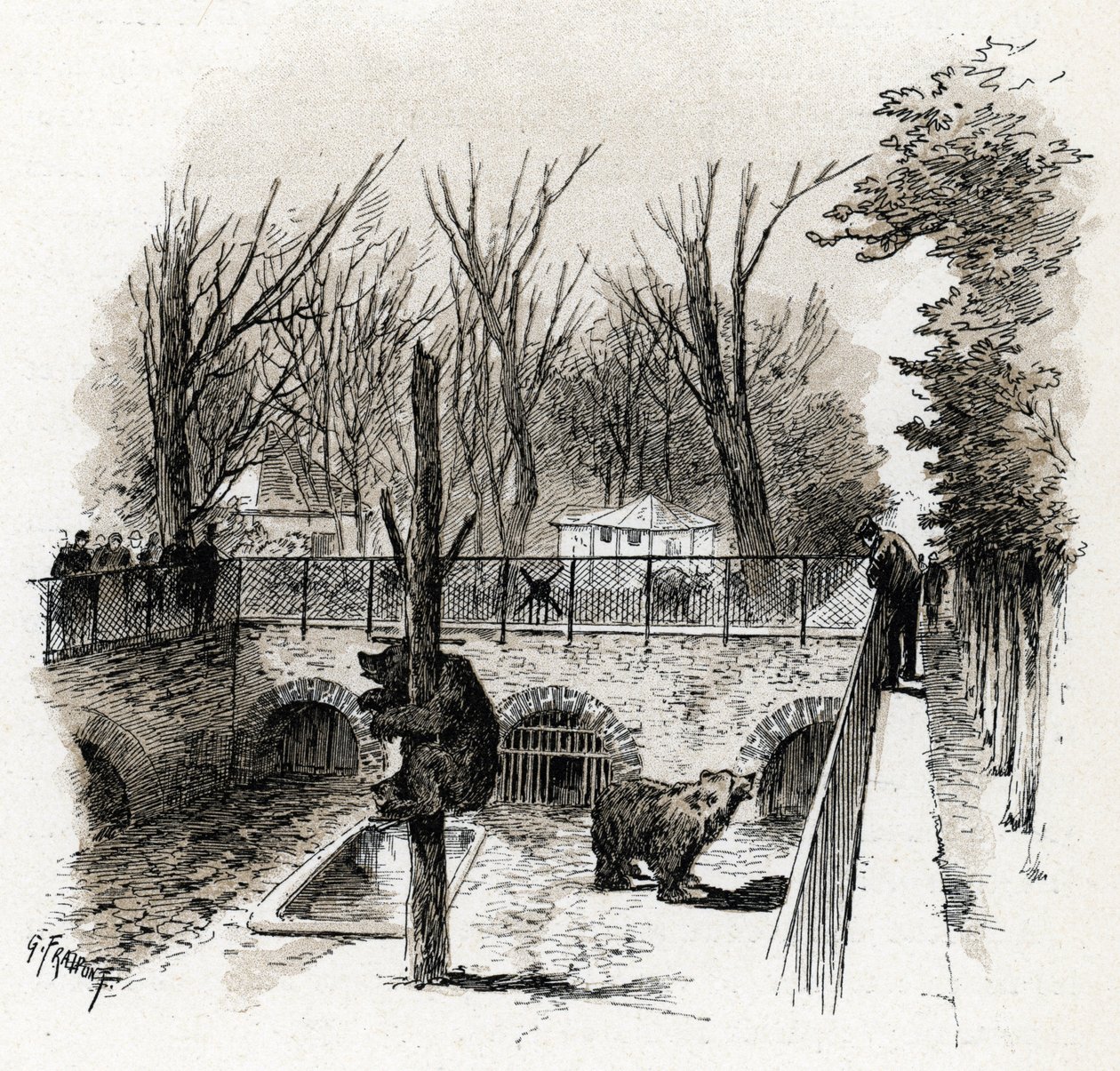 Pohled na Medvědí jámu v Zoo du Jardin des Plantes, Paříž Kresba Gustava Fraiponta (1849-1923) čerpá z „La seine a travers Paris“ od Saint-Juirse od Gustave Fraipont