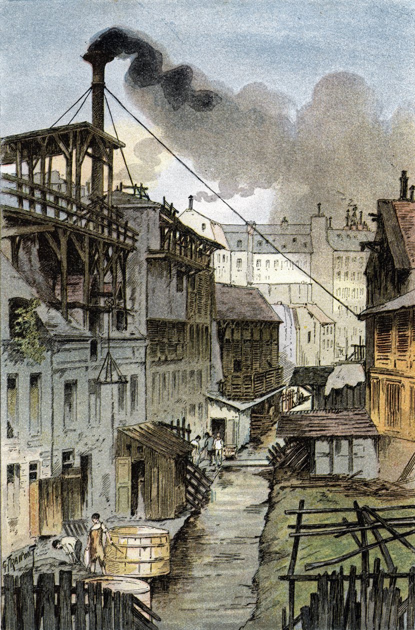 Pohled na řeku Bievre z bulváru Port Royal, Paříž Kresba Gustava Fraiponta (1849-1923) kreslí z „La seine a travers Paris“ od Saint-Juirse od Gustave Fraipont
