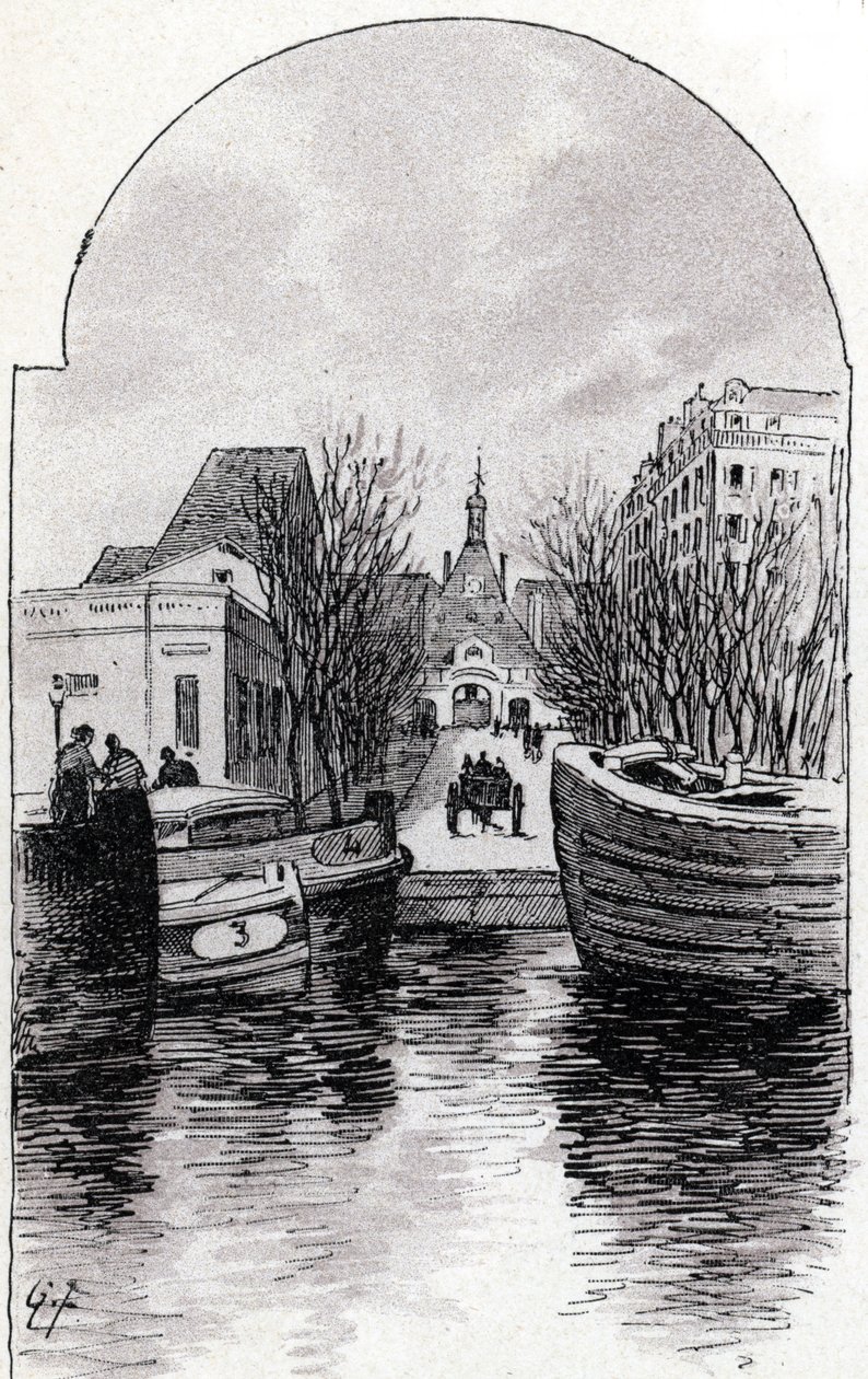 Pohled na nemocnici Saint-Louis v Paříži z kanálu Saint-Martin, Paříž Kresba Gustava Fraiponta (1849-1923) ze Saint-Juirsova „“La seine a travers Paris”” od Gustave Fraipont