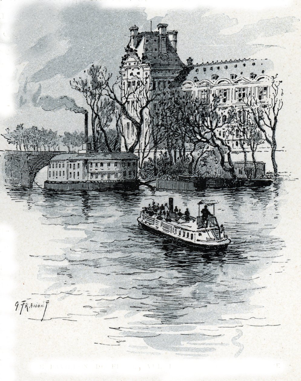 Pohled na Pavillon de Flore, Palais du Louvre, z Quai Voltaire, Paříž (Pohled na část Pavillon de Flore paláce Louvre z nábřeží Voltaire, Paříž) Kresba Gustava Fraiponta (1849-1923) ze Saint-Juirs od Gustave Fraipont